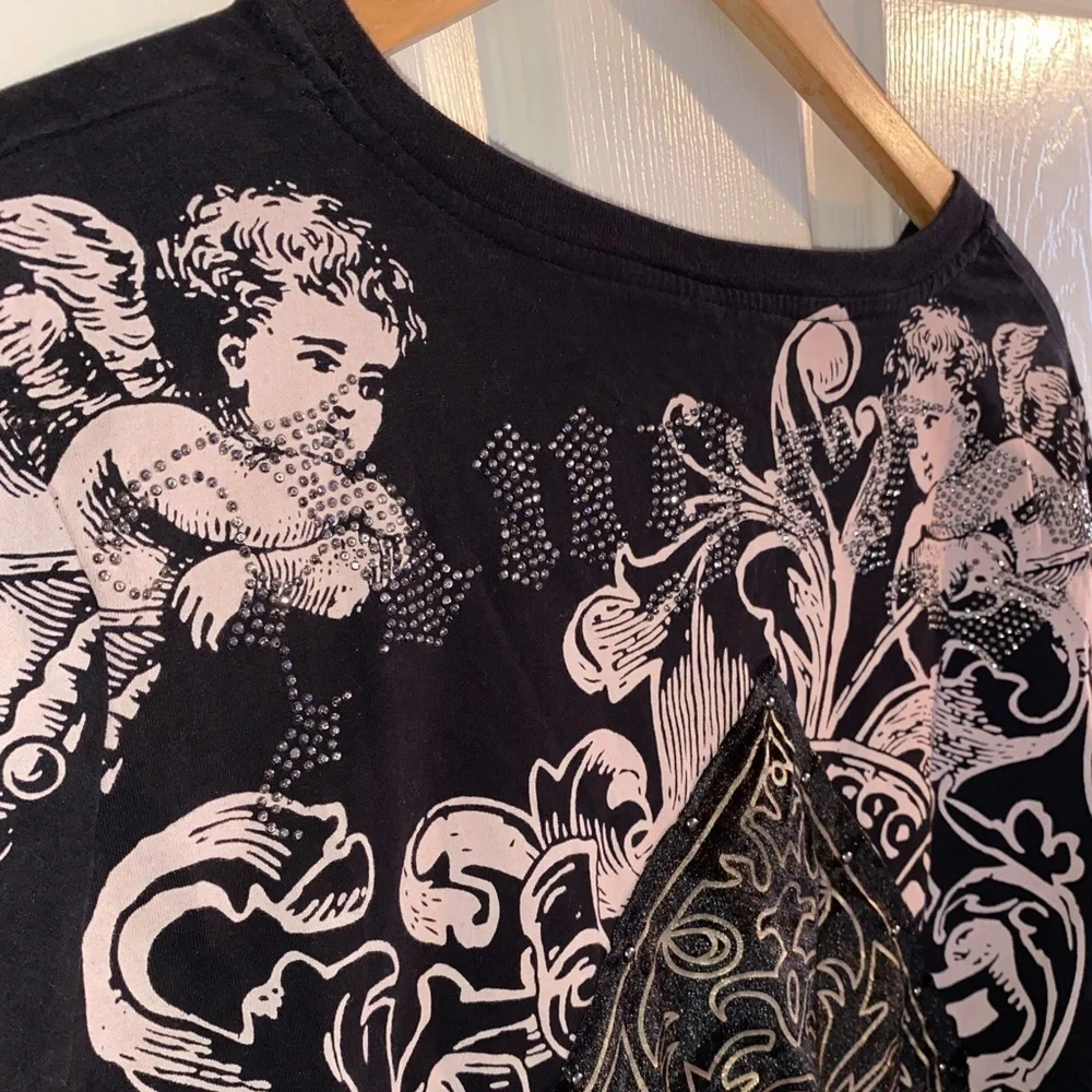 Black Spade Women’s Long Sleeve Shirt, Angels Written in Rhinestone Size Large - Picture 4 of 8